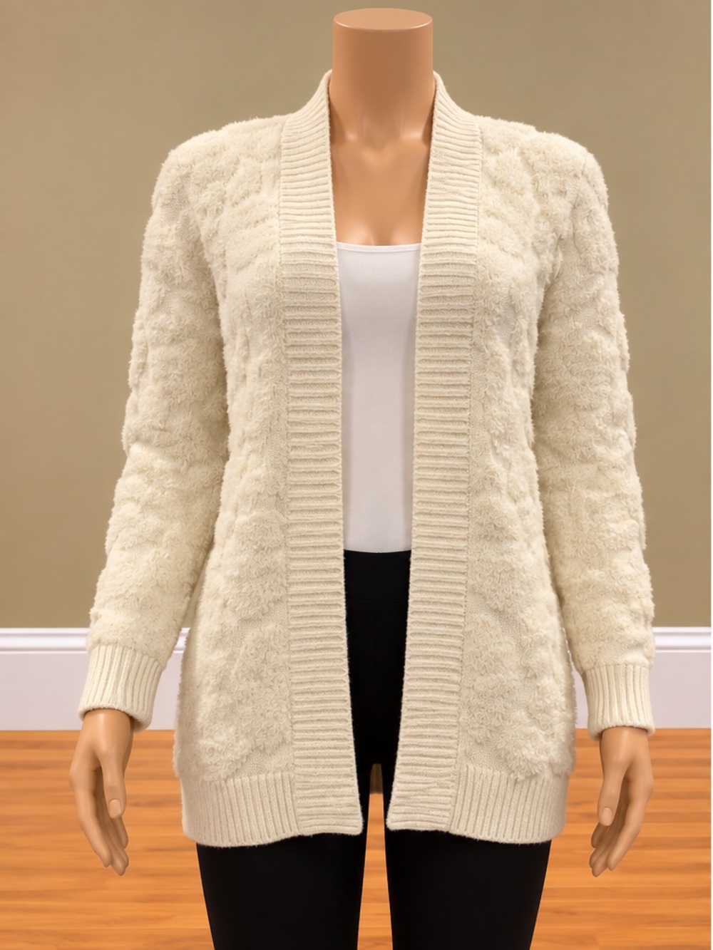 Express Cream Fluffy Textured Knit Long Open Front Cardigan Sweater Small NWOT